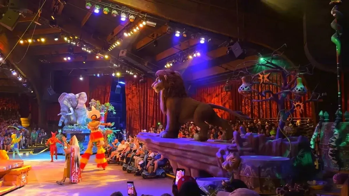 A vibrant stage performance featuring a large lion sculpture and colorful characters in elaborate costumes, set in a theater with an enthusiastic audience. Bright lights illuminate the scene, highlighting a whimsical, jungle-themed backdrop and props.
