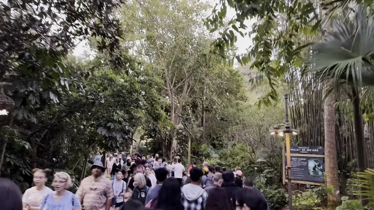 A large crowd of people walks along a lush, tree-lined path, surrounded by dense greenery. A sign on the right reads "Valley of Mo'ara," indicating a themed area, possibly at a theme park or nature attraction. 