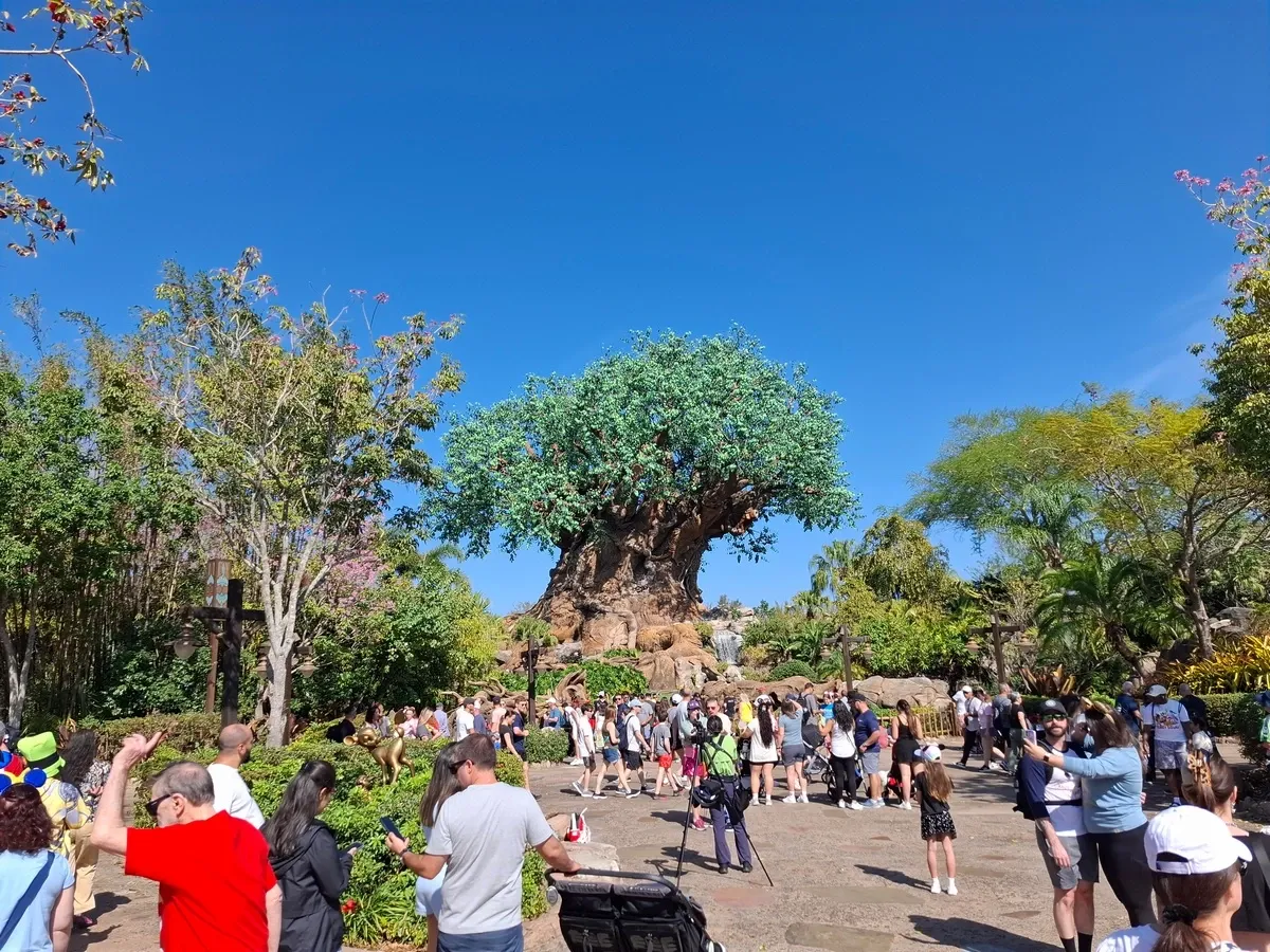 A crowd of people gathers in front of the iconic Tree of Life at a theme park, surrounded by lush greenery and under a clear blue sky.