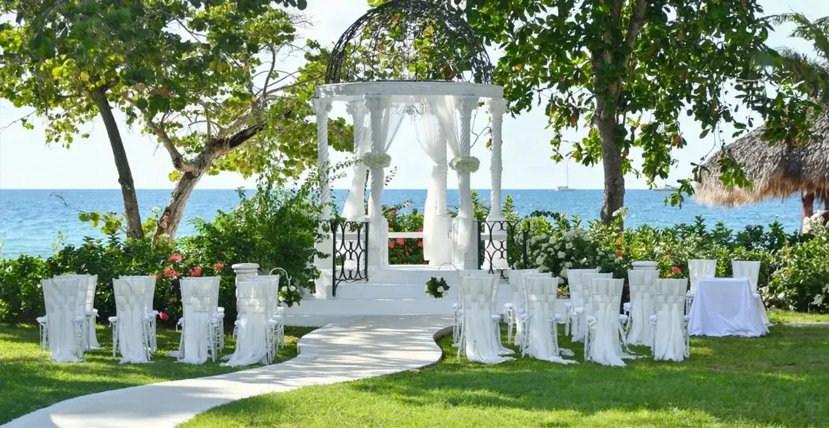 Wedding venue at the resort garden surrounded by plants and trees