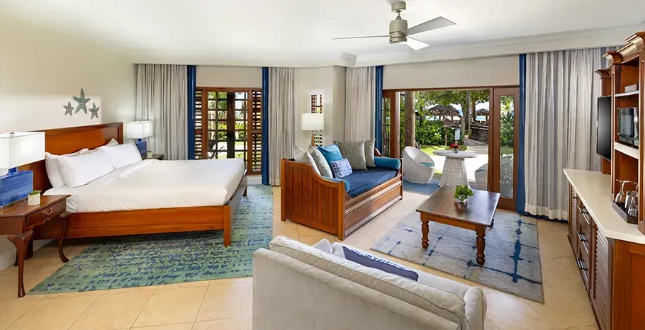 Suite with a queen bed and living space