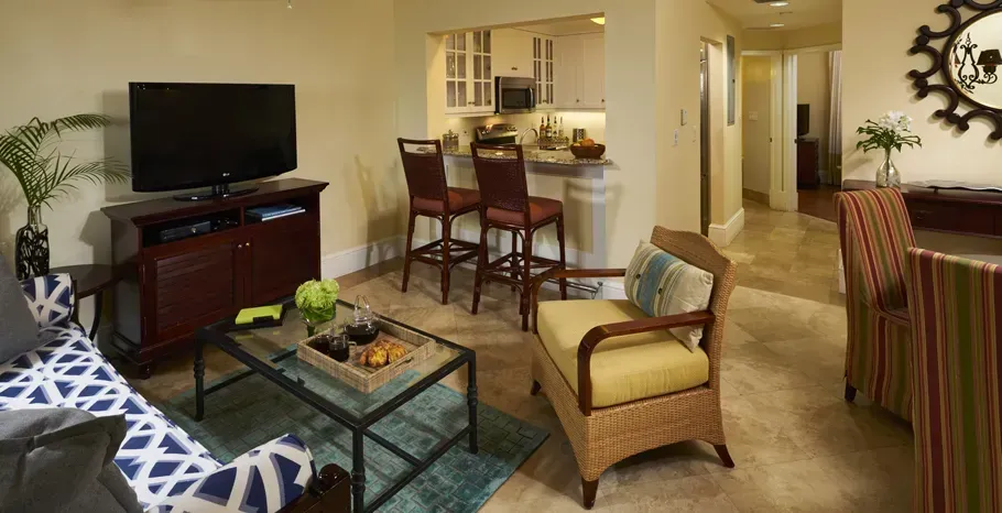 Living space at a room with television and dinning table