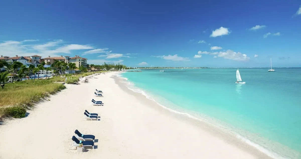 Panoramic view of a beach and sunbeds