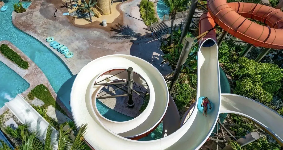 Aerial view of a white waterslide