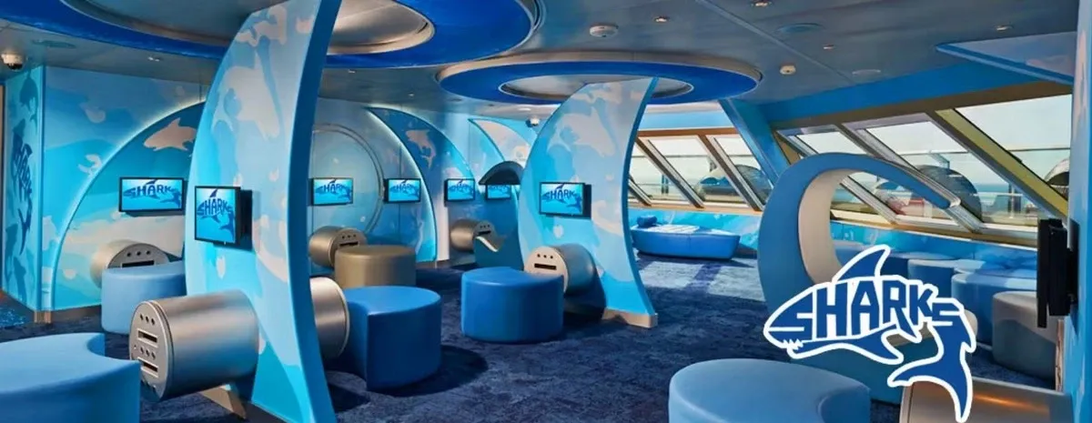 Inside lounge decorated with shark theme