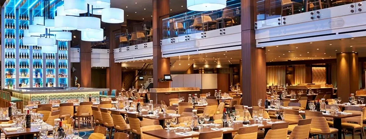Panoramic view of a dining room inside a cruise ship