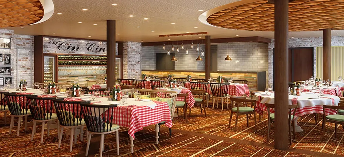 Panoramic view of a restaurant inside of a cruise ship