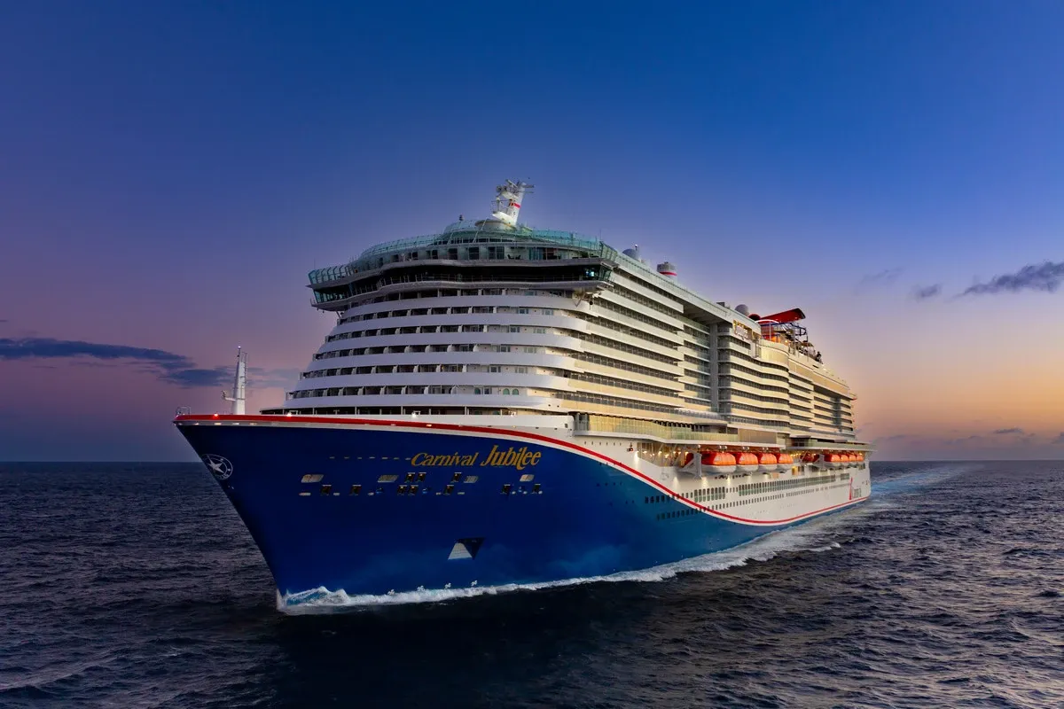 Front view of a Carnival Cruise ship sailing on the sea