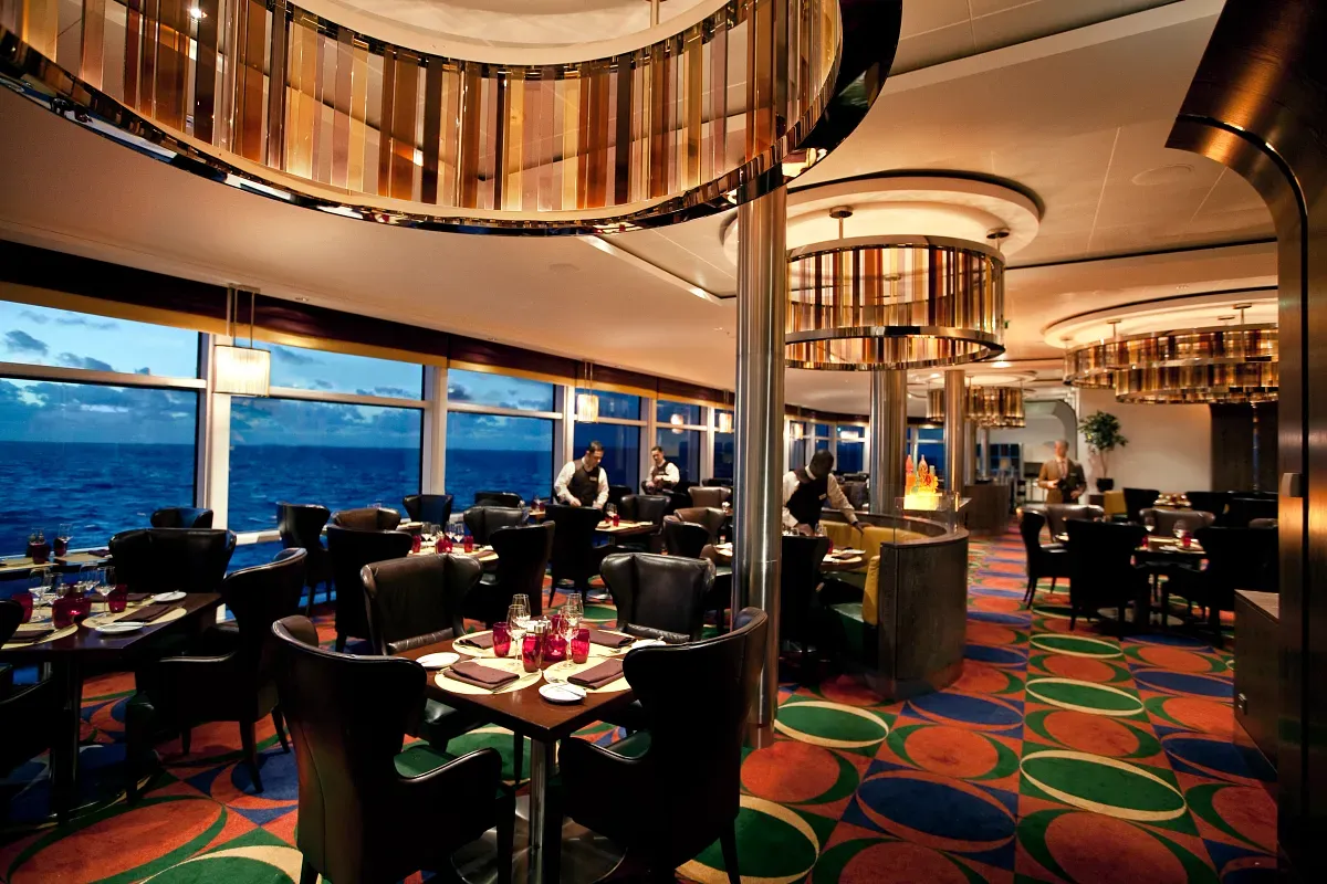Panoramic view of a restaurant with warm decoration