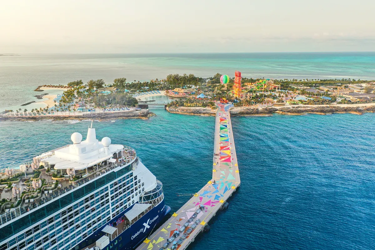 Aerial view of a cruise ship docked at Coco Cay island