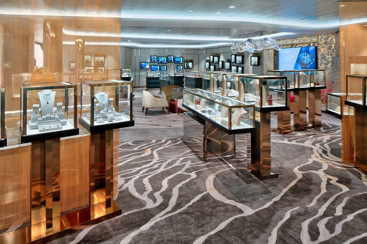 Jewlery shop with many pieces showing on glass containers