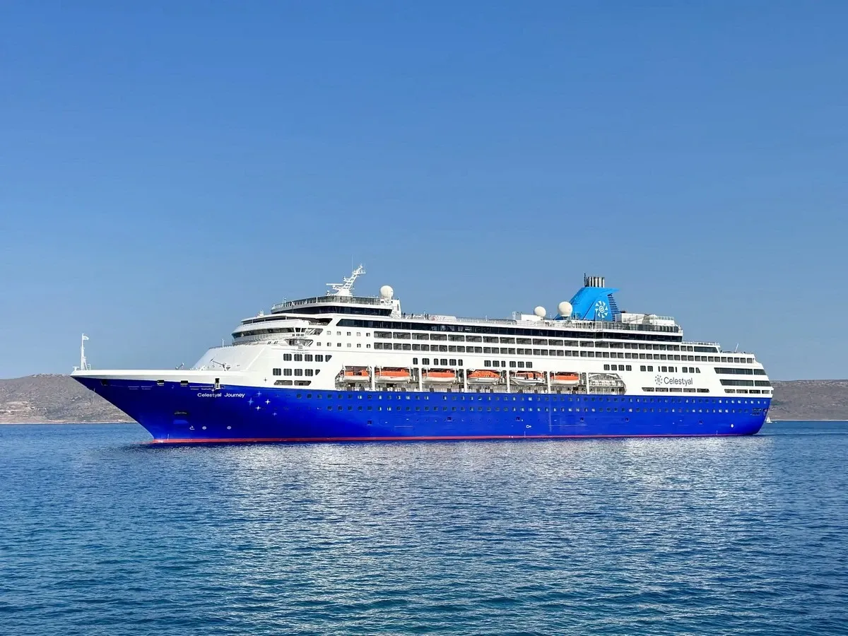 Side view of a Celestyal Cruise ship
