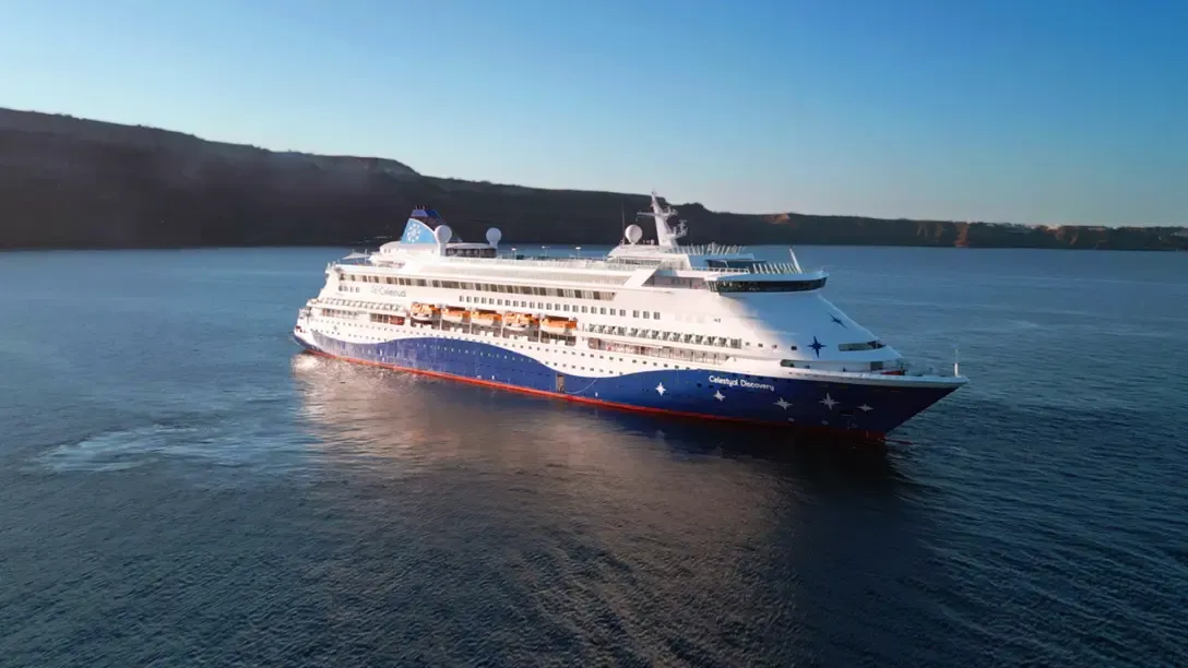 Celestyal cruise ship side aerial view
