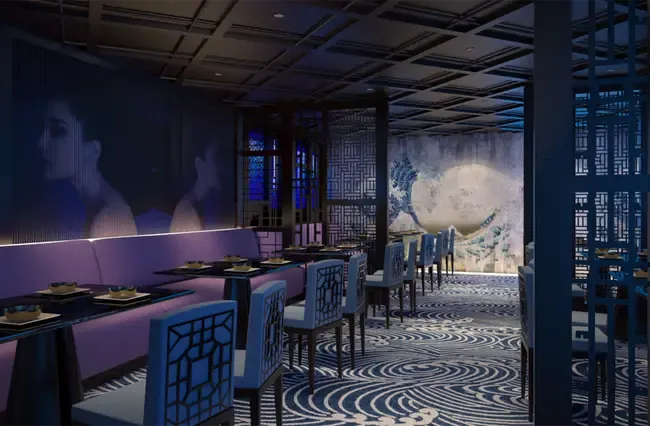 Restaurant lounge with blue and purple decorations