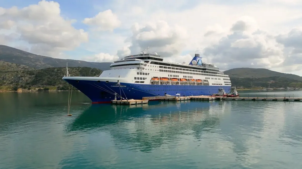 Side view of a Celestyal cruise ship