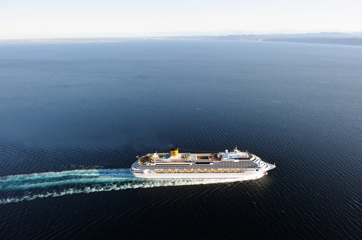 Aerial view of a Costa Cruise ship sailing on the ocean