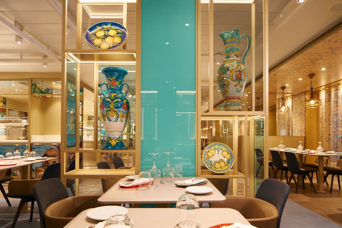 Restaurant table next to traditional porcelain jars