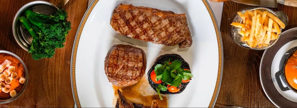 Detail view of a plate of steak and veggies