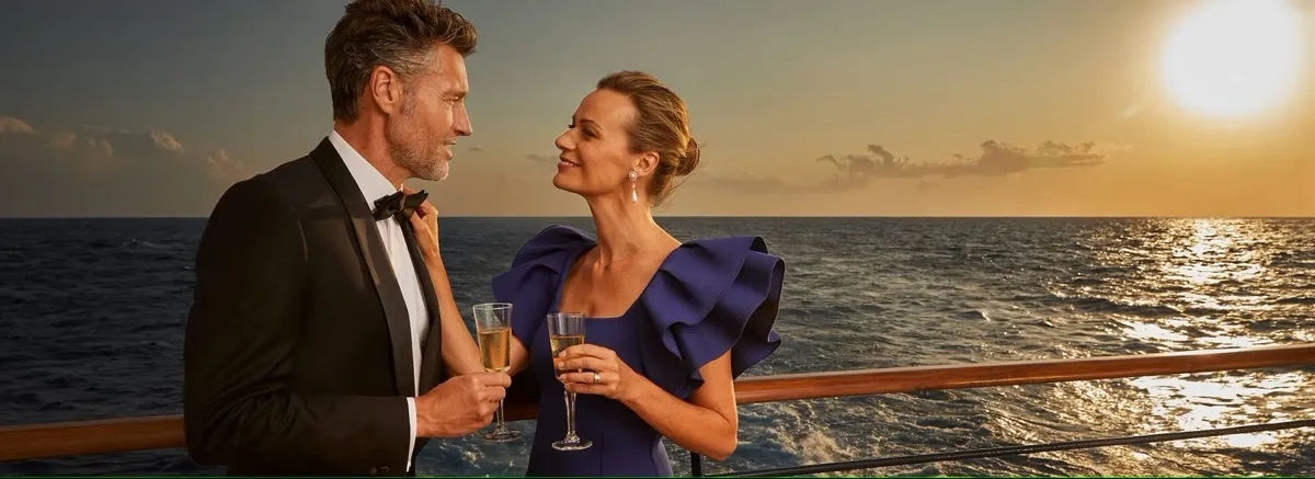 Elegant couple having a date on a cruise ship balcony
