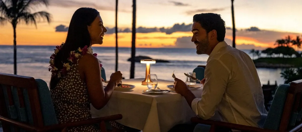 A couple enjoys a romantic dinner at sunset by the ocean, sitting at a table with a small lamp and wearing leis. The sky is a vibrant blend of orange and purple hues, with palm trees silhouetted against the horizon.