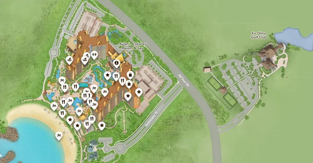 Map of Aulani, A Disney Resort & Spa, showing the layout with various icons indicating amenities like dining and activities.