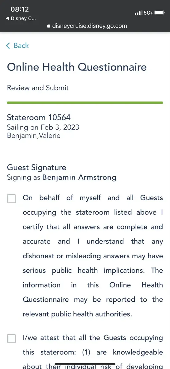 Online health questionnaire screen for a Disney cruise, showing details like stateroom number and sailing date. It includes checkboxes for certifying accurate information and acknowledging public health implications.
