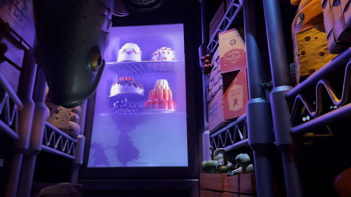 A low illuminated kitchen scene features a refrigerator with shelves displaying colorful gelatin molds. A large fish head peeks in from the left, while boxes and cheese wheels are stacked on metal shelving. The shadow of a Remy from Ratatouille is cast on the refrigerator door, adding a whimsical touch.