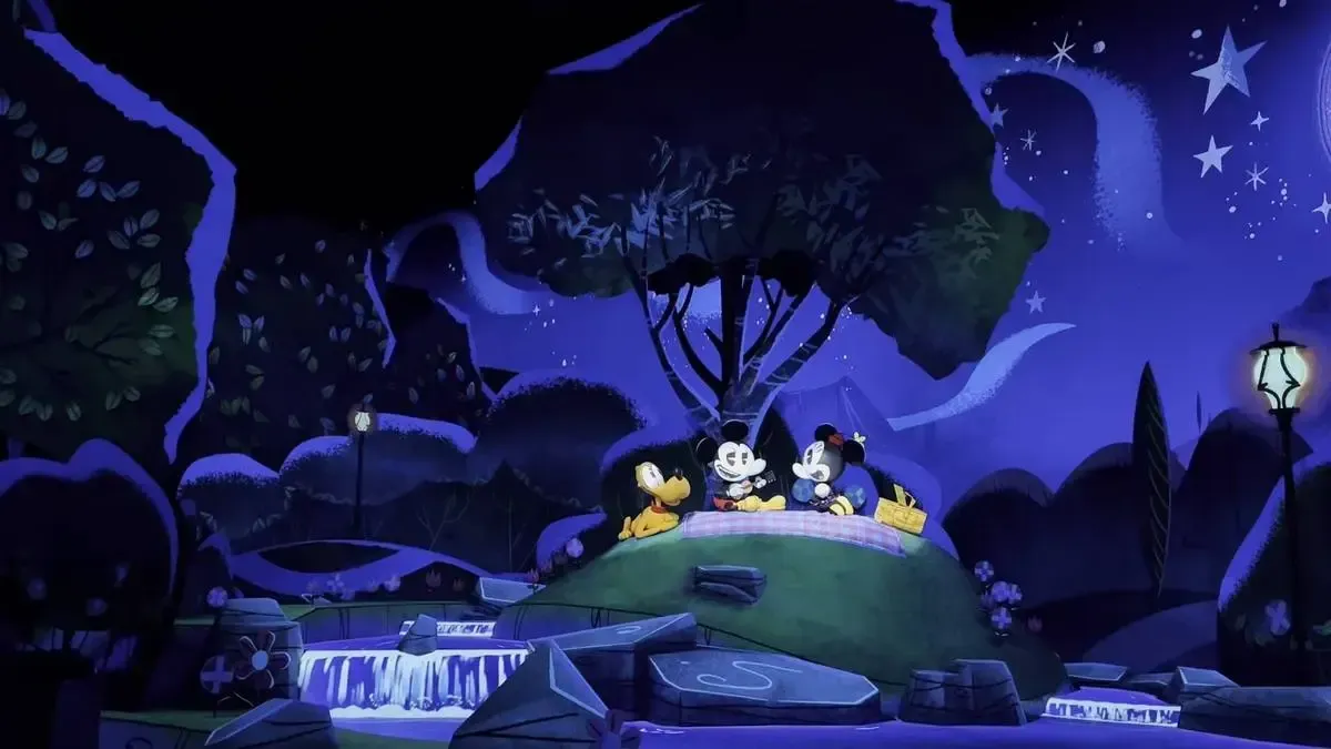 Mickey Mouse, Minnie Mouse, and Pluto are enjoying a nighttime picnic on a grassy hill under a starry sky, surrounded by whimsical trees and glowing lamp posts.
