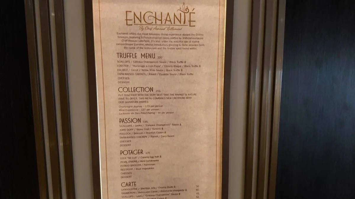 A wooden-framed menu from a restaurant named "Enchante" features various dining options, including a "Truffle Menu," "Collection," "Passion," "Potager," and "Carte," all described in elegant text with prices listed beside each item.