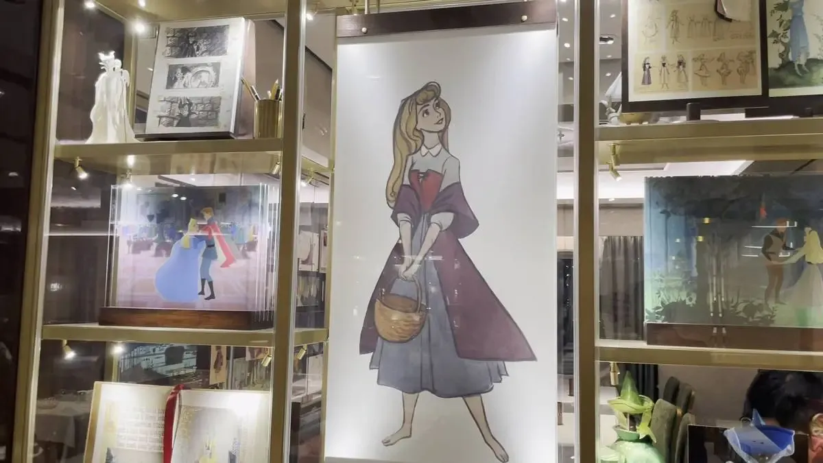 A display case featuring various art pieces, including a large illustration of Princess Aurora holding a basket, surrounded by lit shelves showcasing storybook pages, a figurine, and colorful animations of a prince and princess dancing.