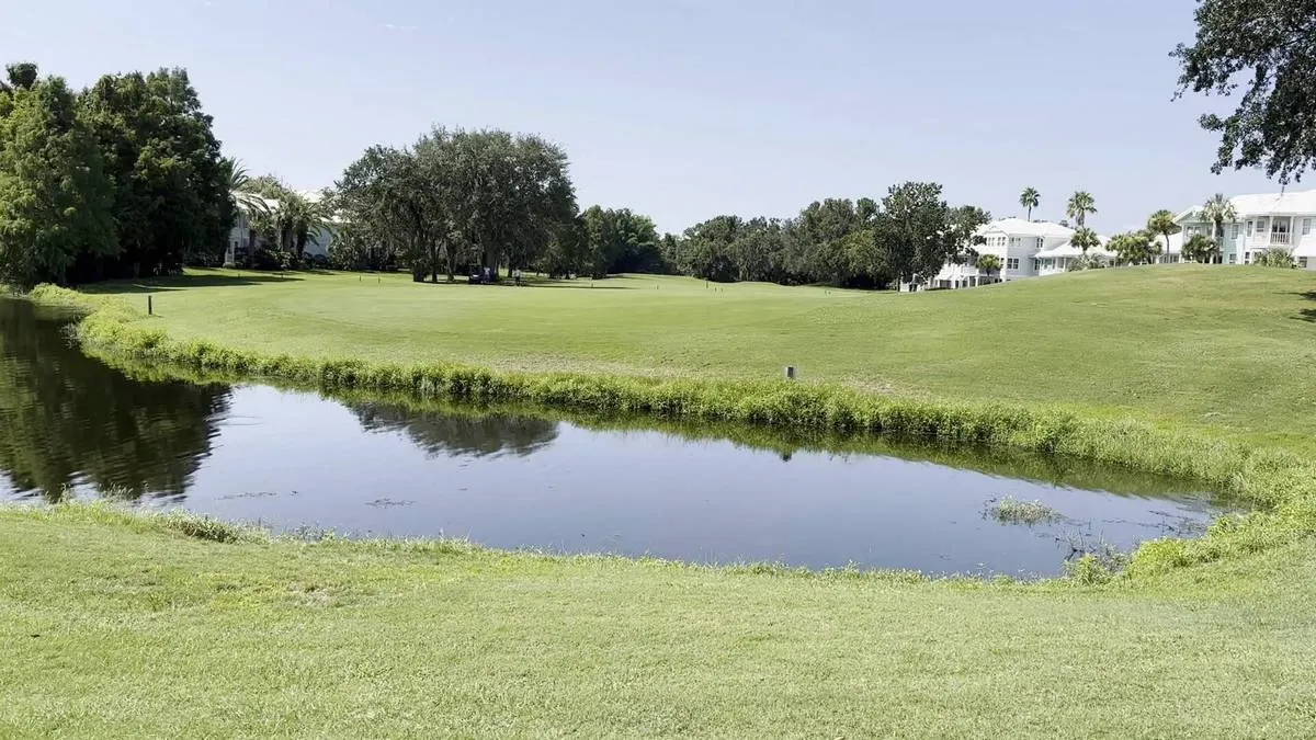 A serene golf course landscape features a small pond reflecting the clear sky, surrounded by grass and trees. In the background, white buildings are nestled among palm trees, creating a peaceful and inviting atmosphere.