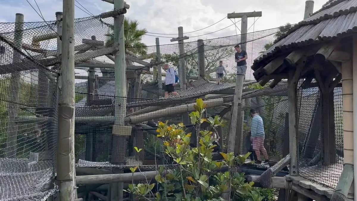 People navigate a wooden and netted climbing structure, resembling an adventure playground, surrounded by greenery and under a partly cloudy sky.