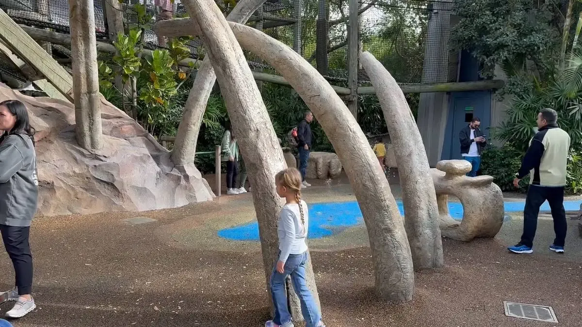 A young girl stands beside large, curved stone structures resembling ribs in an outdoor play area surrounded by trees and rocks. Other people are nearby, engaging with the environment, and the ground is covered in a mix of brown and blue surfaces.