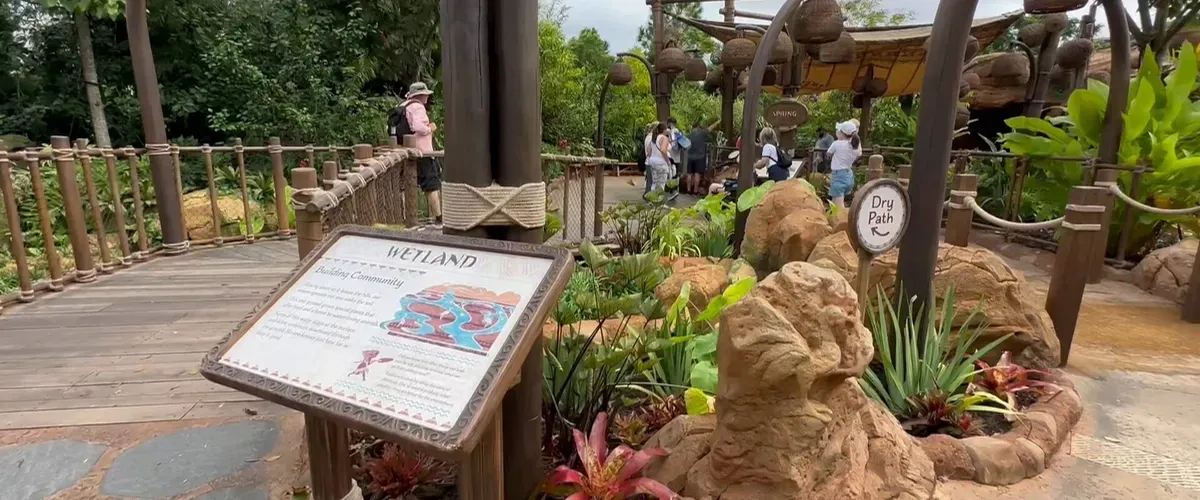 A scenic wetland exhibit features a wooden walkway, lush greenery, and informational signs, with visitors exploring in the background under a canopy of basket-like structures.