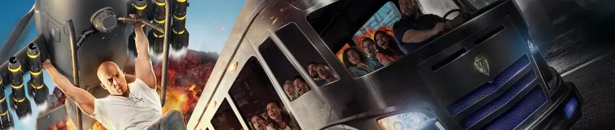 A muscular man is dramatically hanging from the side of a large aircraft, which has multiple engines and is flying amidst explosions. Below, a black armored vehicle with blue accents speeds along the road, filled with excited passengers looking out the windows.