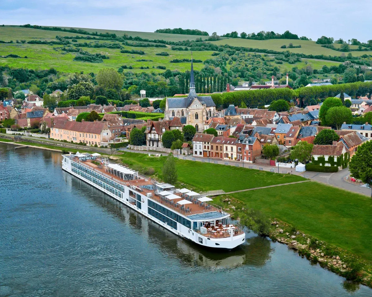 Aerial view of a cruise ship docked on the Seine river