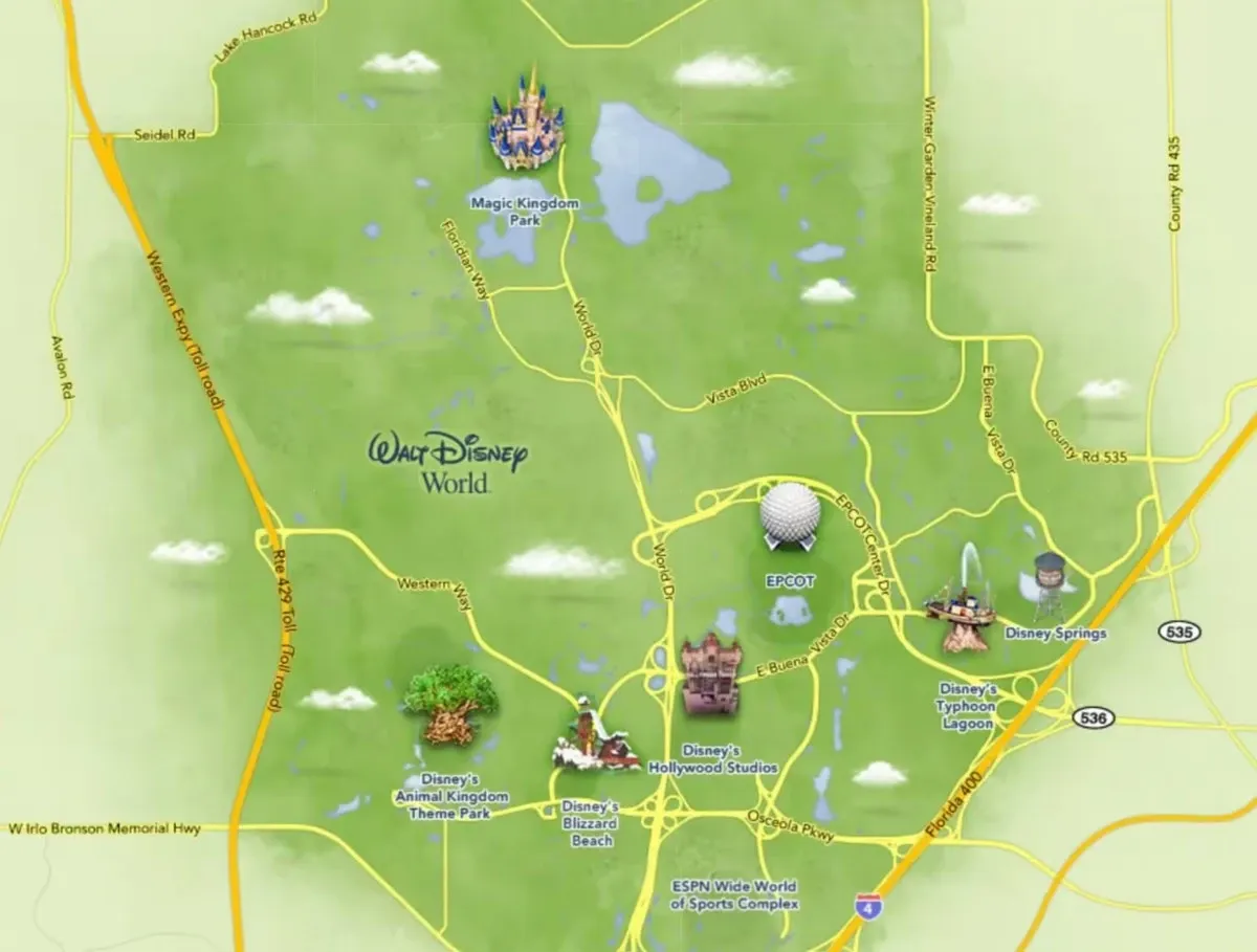 Map of Walt Disney World Resort featuring icons of Magic Kingdom, EPCOT, Disney's Hollywood Studios, and Disney's Animal Kingdom. Roads and highways, including Western Expy and E Buena Vista Dr, are marked, along with landmarks like Disney Springs and Disney's Typhoon Lagoon.