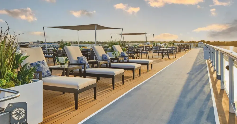 Top deck of a cruise ship on a sundown