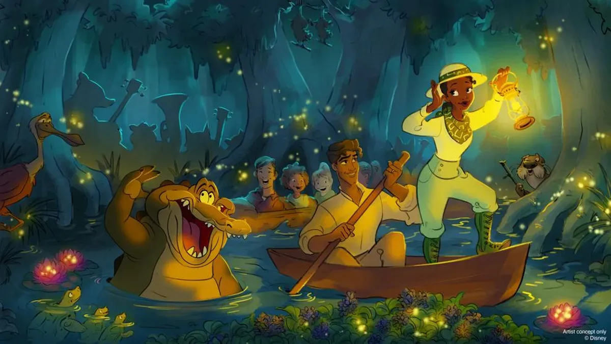 Tiana and Prince Naveen in a wooden boat. Nearby, Louis and a group of animals enjoy the glowing fireflies and vibrant flowers. The background is filled with lush trees and a magical atmosphere.